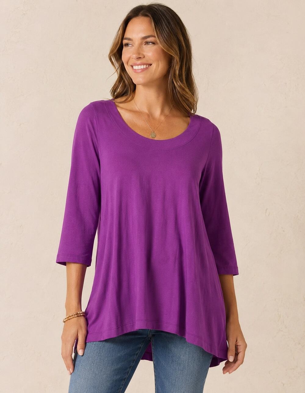 Peruvian Connection Tunic T-Shirt Top Purple Medium 3/4 Sleeve Cotton Modal
